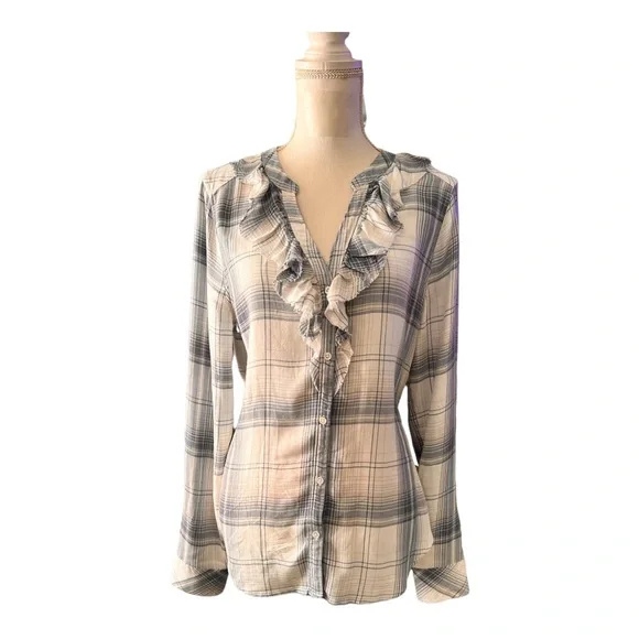 Paige Plaid Shirt Button Up Distressed Ruffle Collar Festival Semi Sheer Size M - Picture 3 of 9